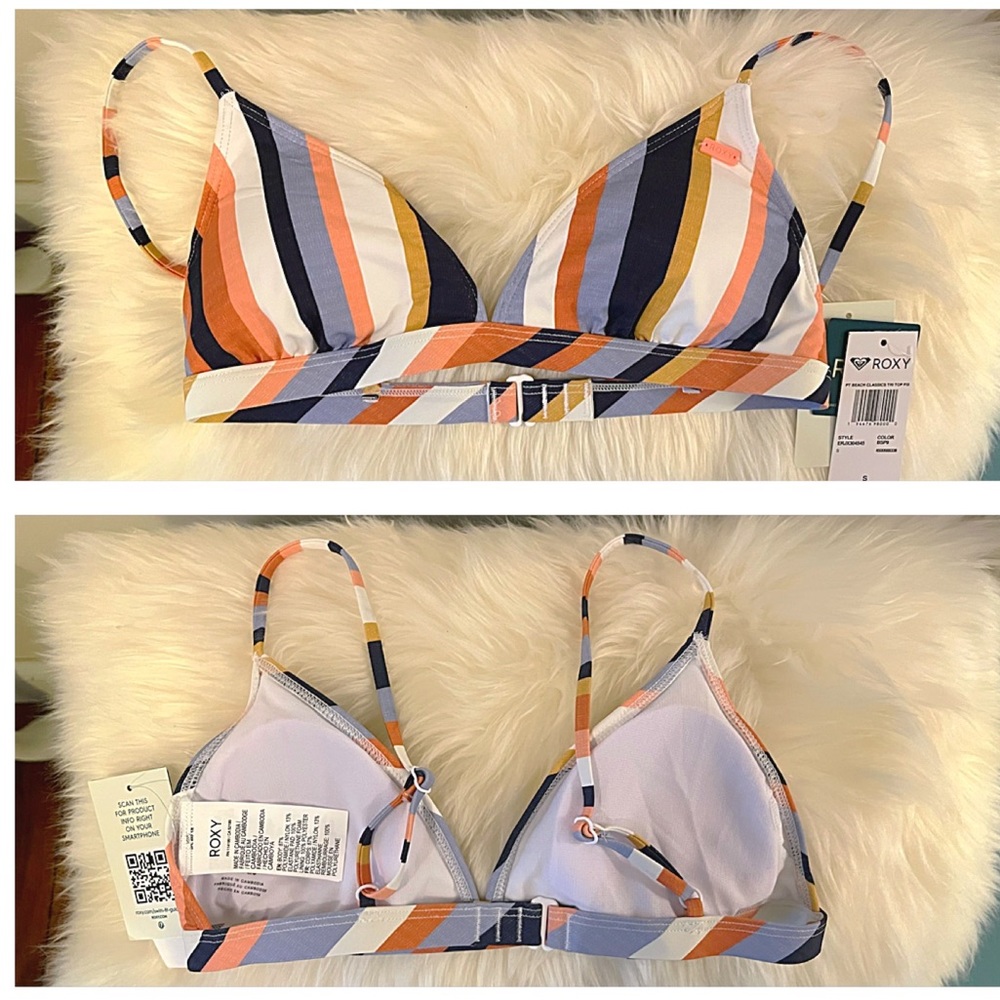 BNWT ROXY Beach Classics Fixed Triangle Bikini Top color MOOD INDIGO Stripe SZ S - Picture 6 of 15
